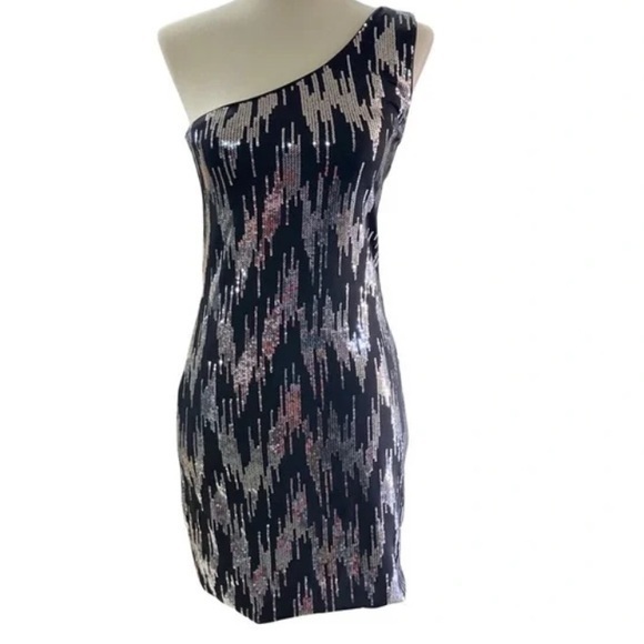 X Small Black And Silver Sequin One Shoulder Party Dress